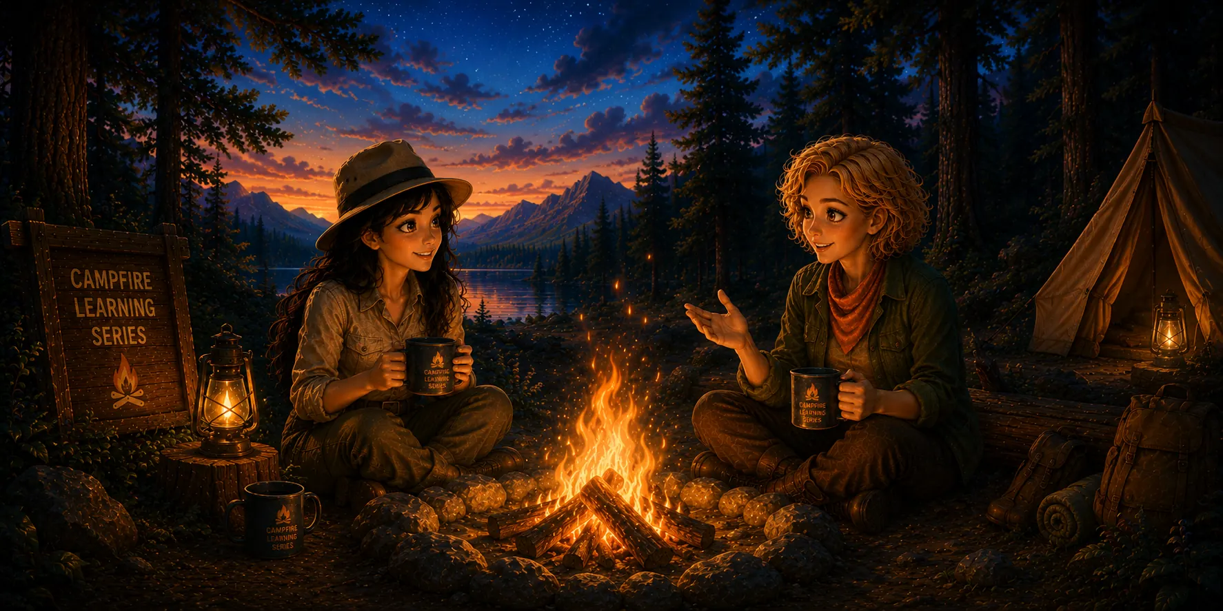The Campfire Learning Series campsite at dusk, beside the cabin and lake