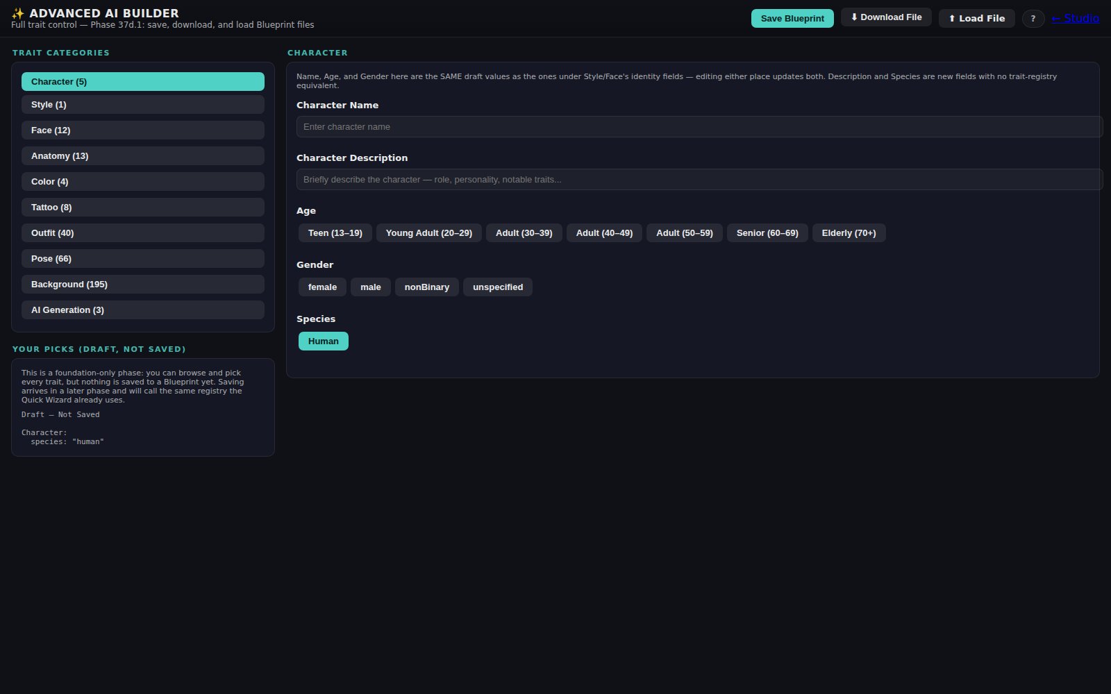 Advanced Character Builder trait categories panel