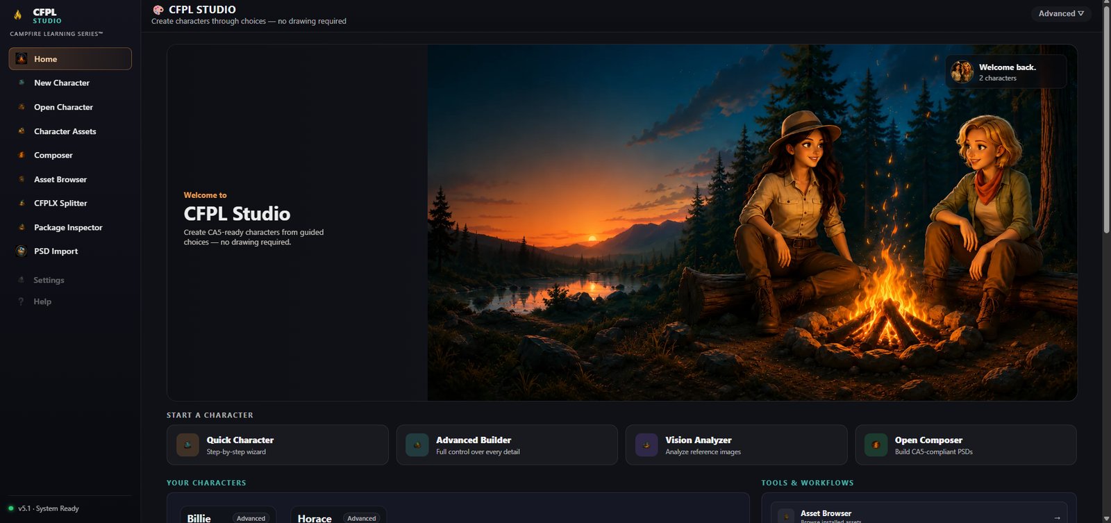 CFPLStudio dashboard showing character starting options, in-progress characters, and the tools and workflows sidebar