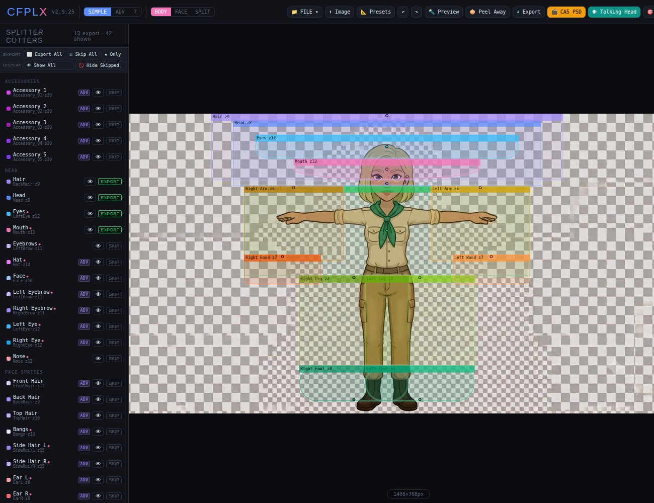 CFPLX splitter workspace with cutting regions placed over a character