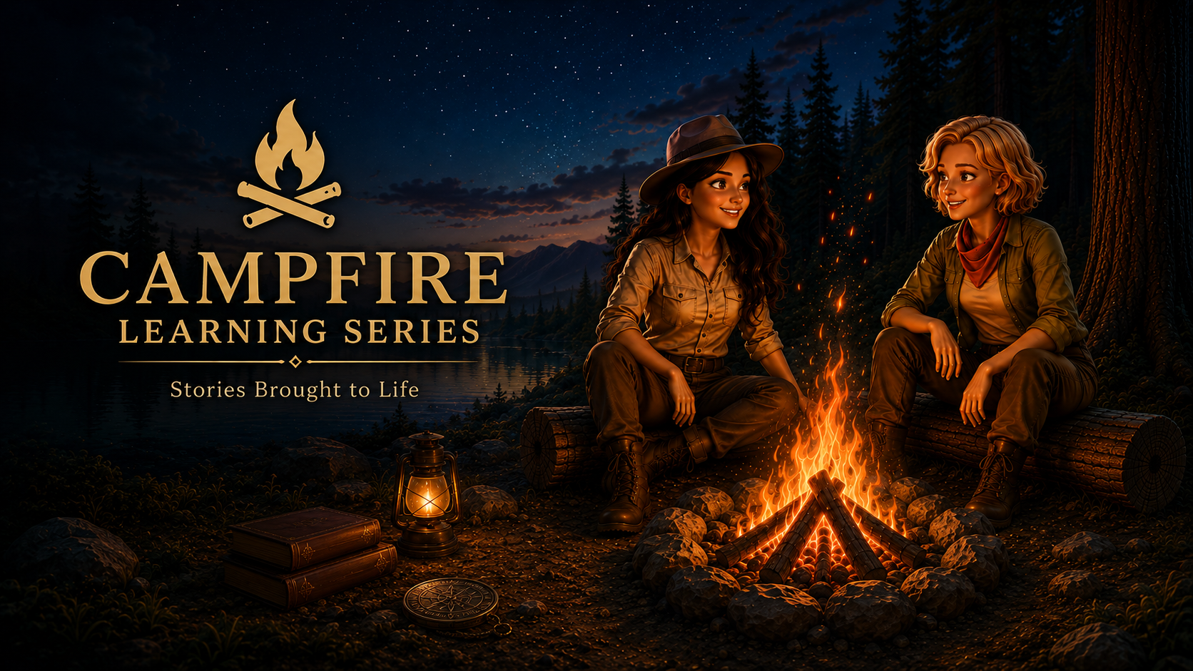 Campfire Learning Series — Mac and Diane seated beside a campfire at night, with the tagline Stories Brought to Life.